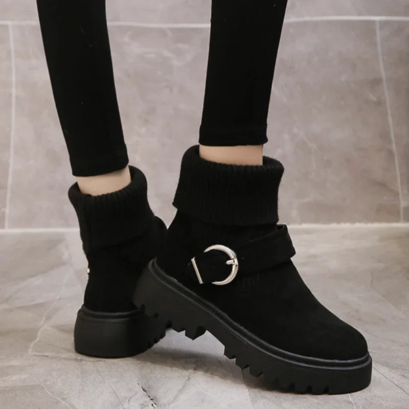 Women Warm Snow Boots Suede Knitting Stretch Ladies