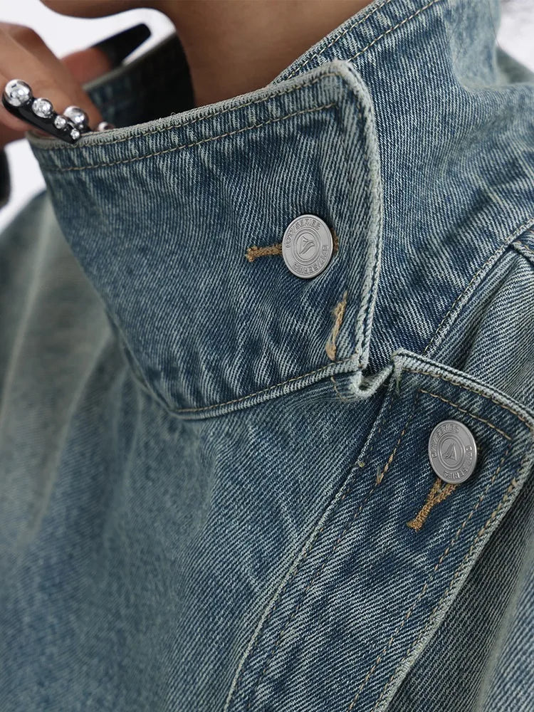 Women's Denim Coat Turtleneck Single Breasted Full Sleeve