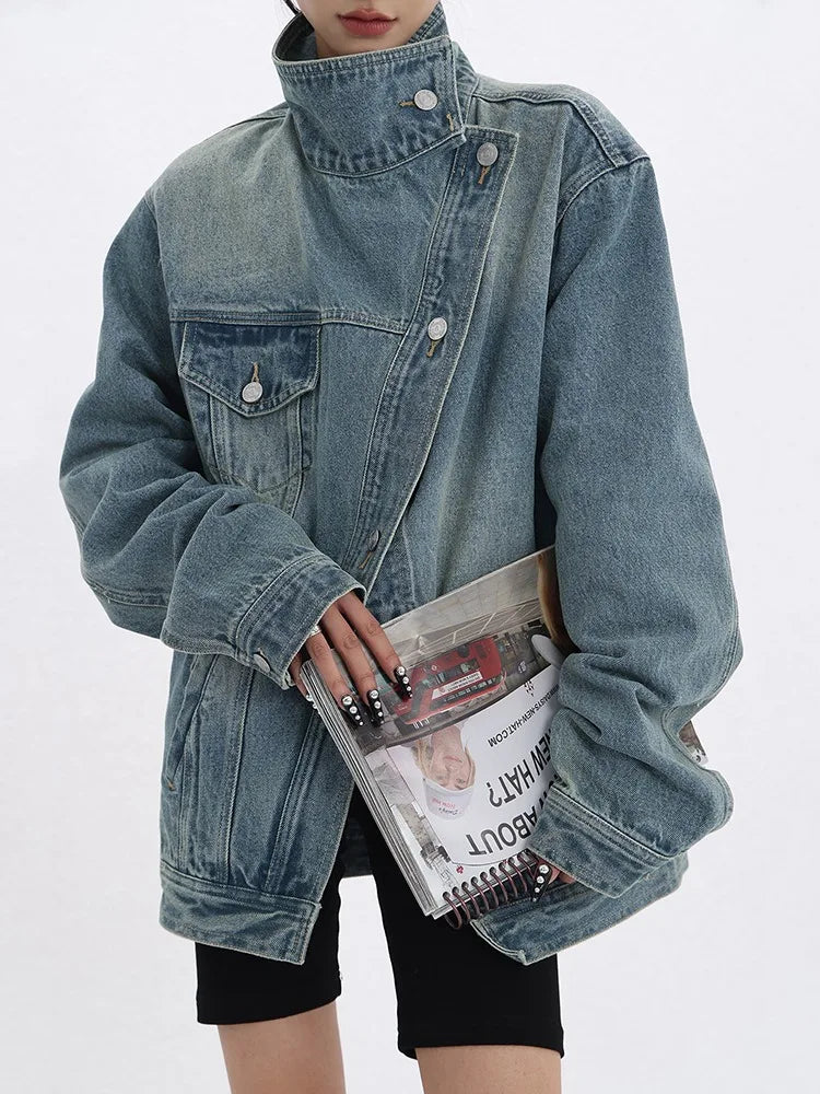 Women's Denim Coat Turtleneck Single Breasted Full Sleeve