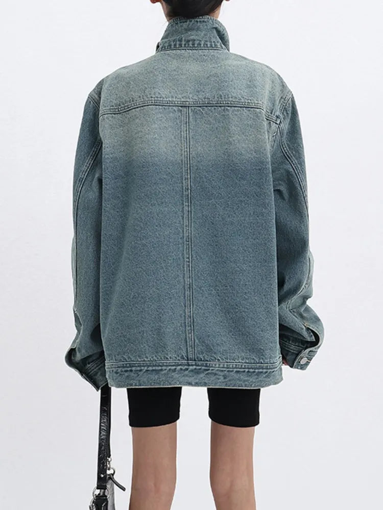 Women's Denim Coat Turtleneck Single Breasted Full Sleeve