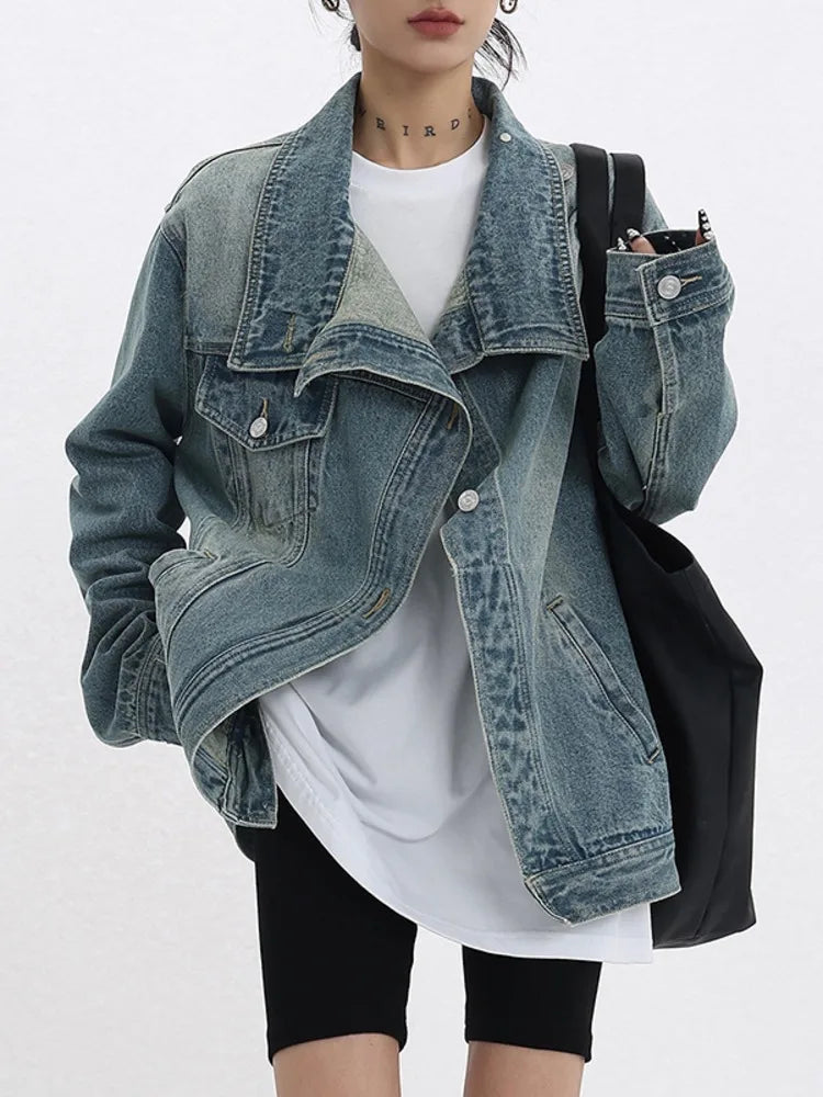 Women's Denim Coat Turtleneck Single Breasted Full Sleeve