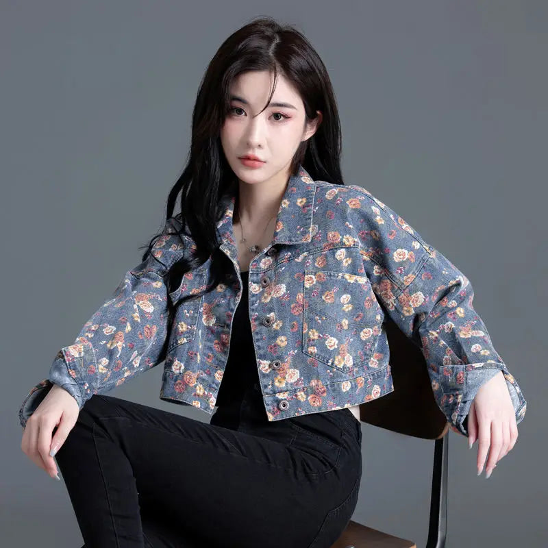 Women's Vintage Floral Long Sleeve Crop Denim Jacket