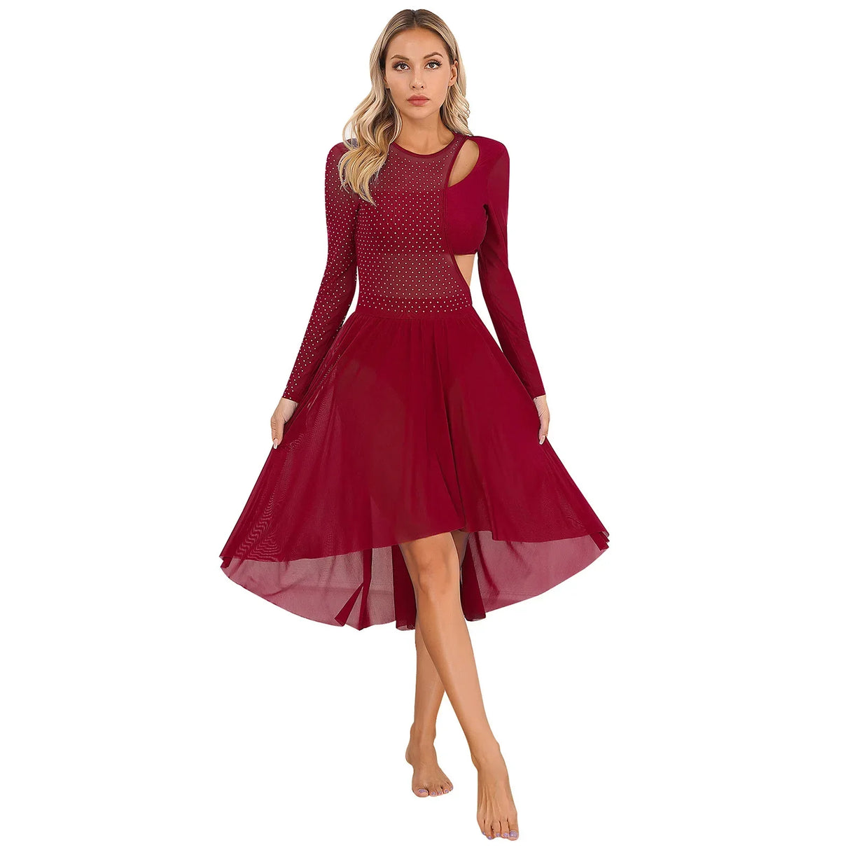 Womens Ballet Lyrical Dance Dress Shiny Rhinestone Sheer