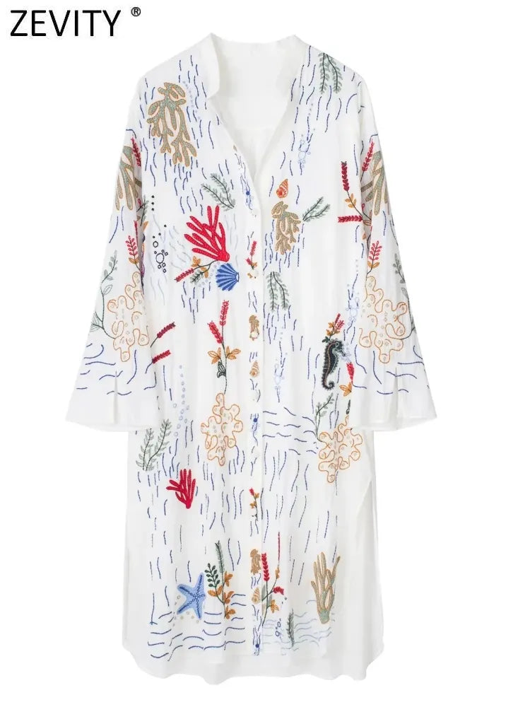 Zevity New Women Vintage Stand Collar Floral Embroidery