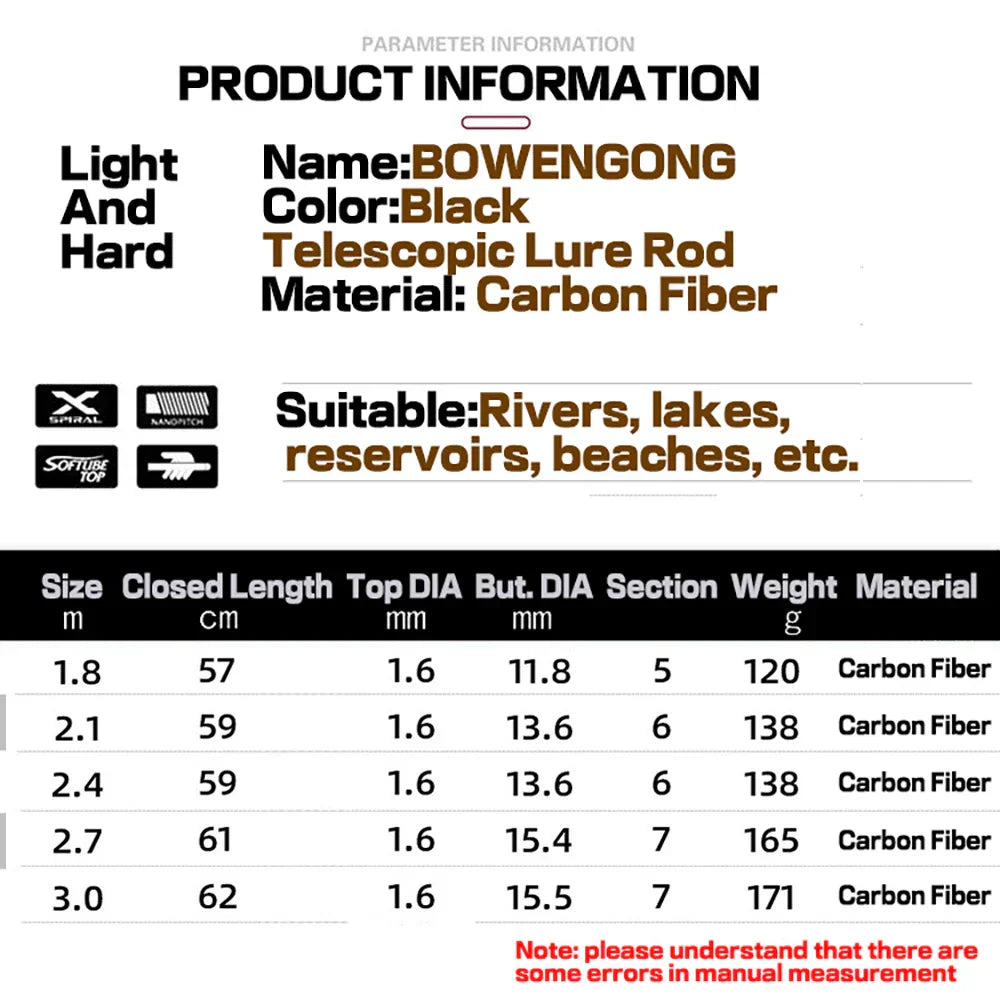 1.8m 2.1m 2.4m 2.7m 3.0m Protable Telescopic Spinning/Casting