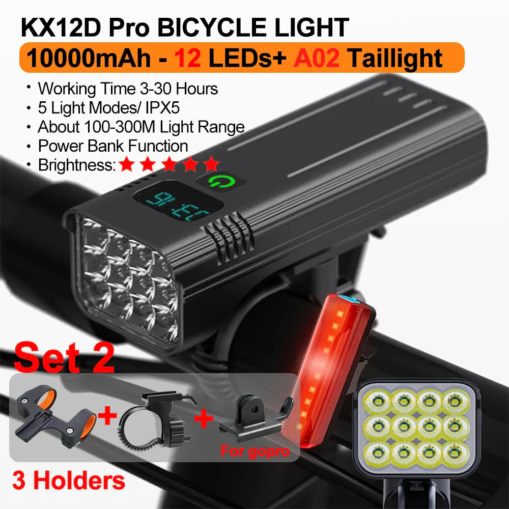 10000mAh Bicycle Light 12LEDs Type-C Digital Battery Indicator