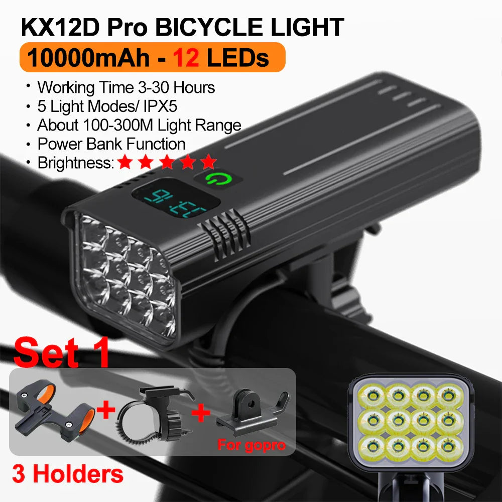 10000mAh Bicycle Light 12LEDs Type-C Digital Battery Indicator