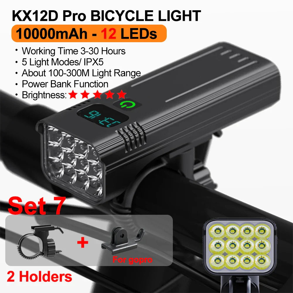 10000mAh Bicycle Light 12LEDs Type-C Digital Battery Indicator