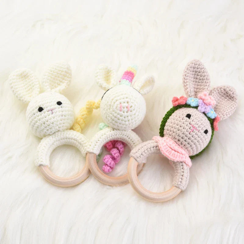 1Pcs Crochet Animal Rabbit Rattle Toy Baby Wooden