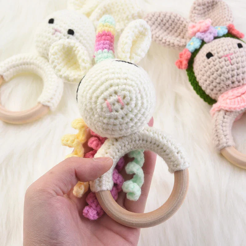 1Pcs Crochet Animal Rabbit Rattle Toy Baby Wooden