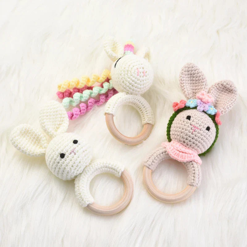 1Pcs Crochet Animal Rabbit Rattle Toy Baby Wooden