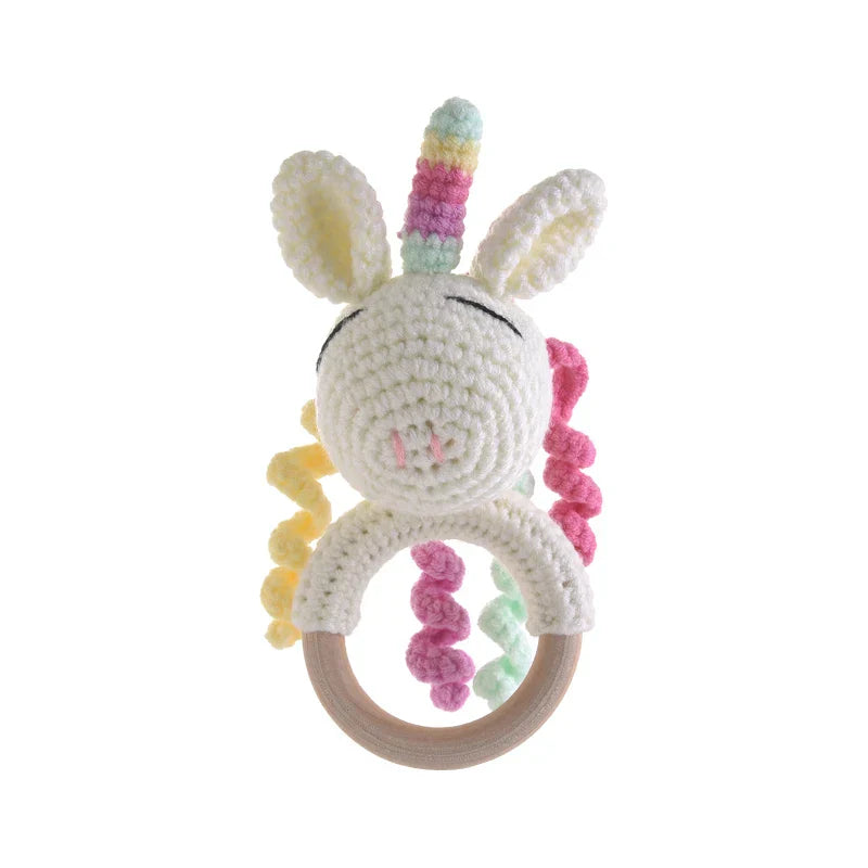 1Pcs Crochet Animal Rabbit Rattle Toy Baby Wooden