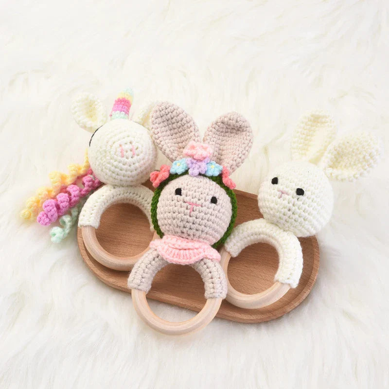 1Pcs Crochet Animal Rabbit Rattle Toy Baby Wooden