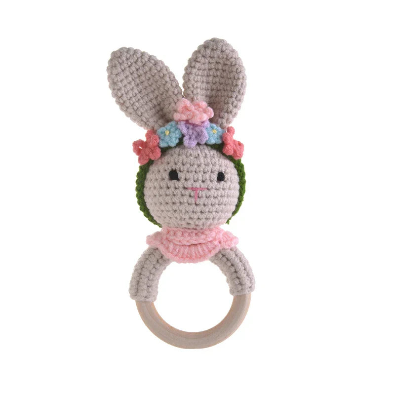 1Pcs Crochet Animal Rabbit Rattle Toy Baby Wooden