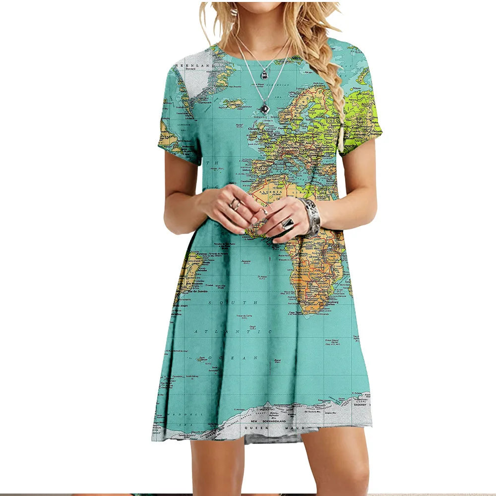 2022 Summer Women Dress World Map Print Short