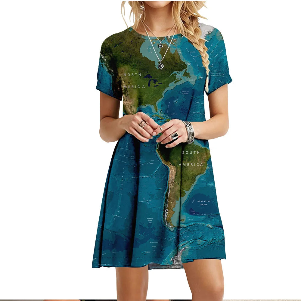 2022 Summer Women Dress World Map Print Short