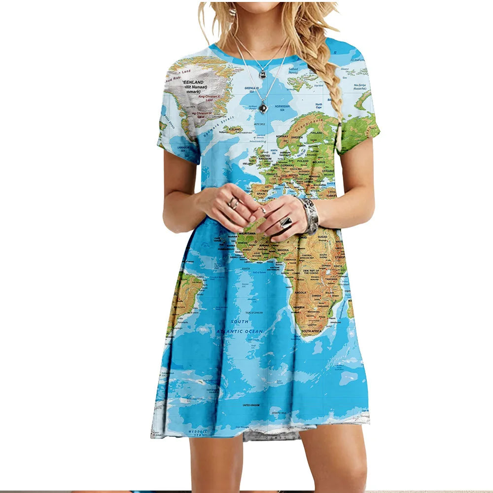 2022 Summer Women Dress World Map Print Short