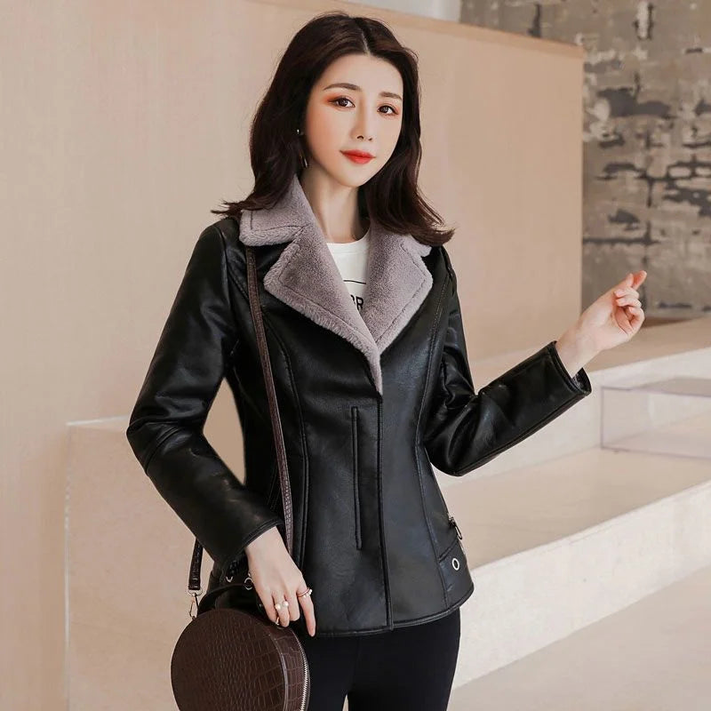 2023 New Winter PU Leather Jacket Short Blazers