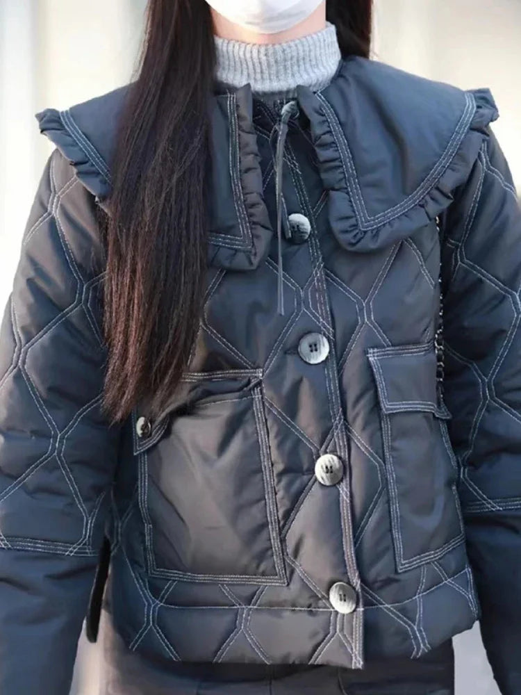 2024 Autumn/winter Nordic Ruffled Quilting Short Type Parkas
