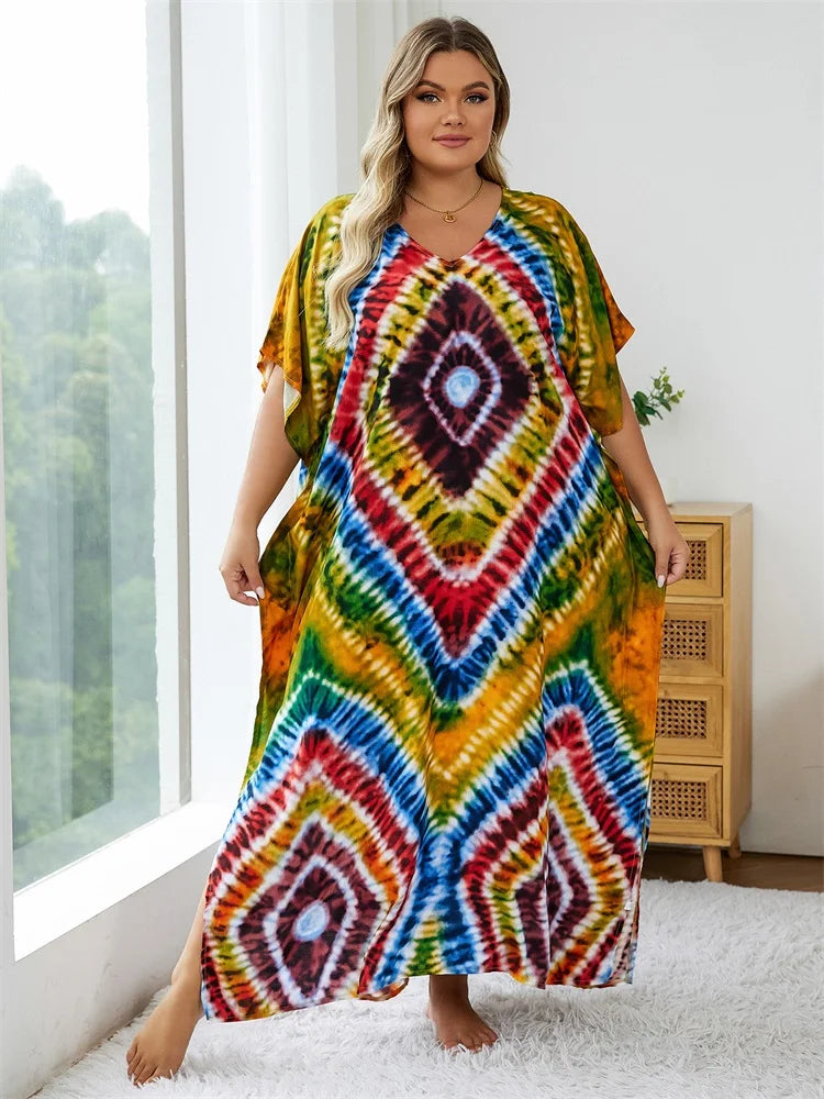 2024 Bohemian Multicolor V Neck Loose Kaftan Dress