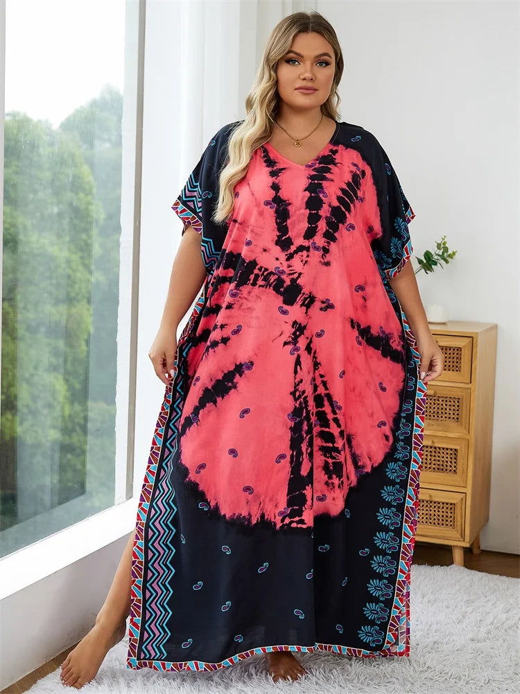 2024 Bohemian Multicolor V Neck Loose Kaftan Dress