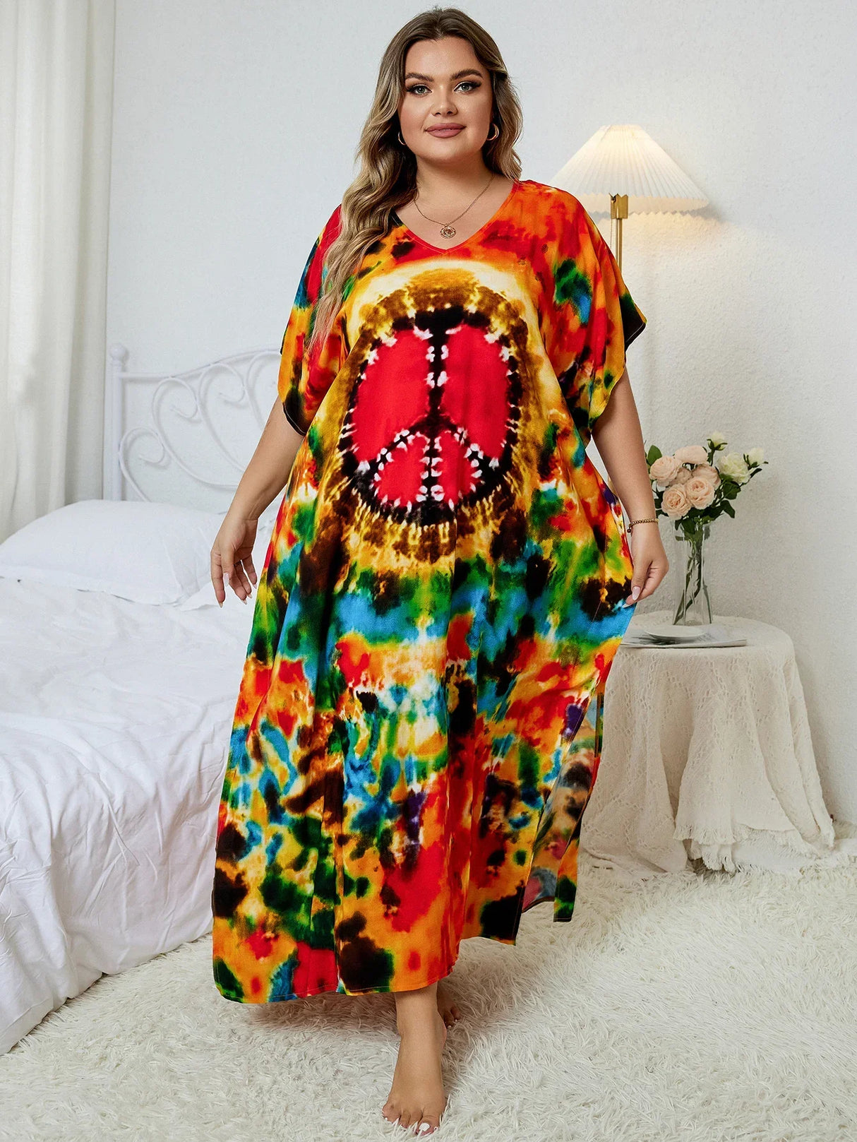 2024 Bohemian Multicolor V Neck Loose Kaftan Dress