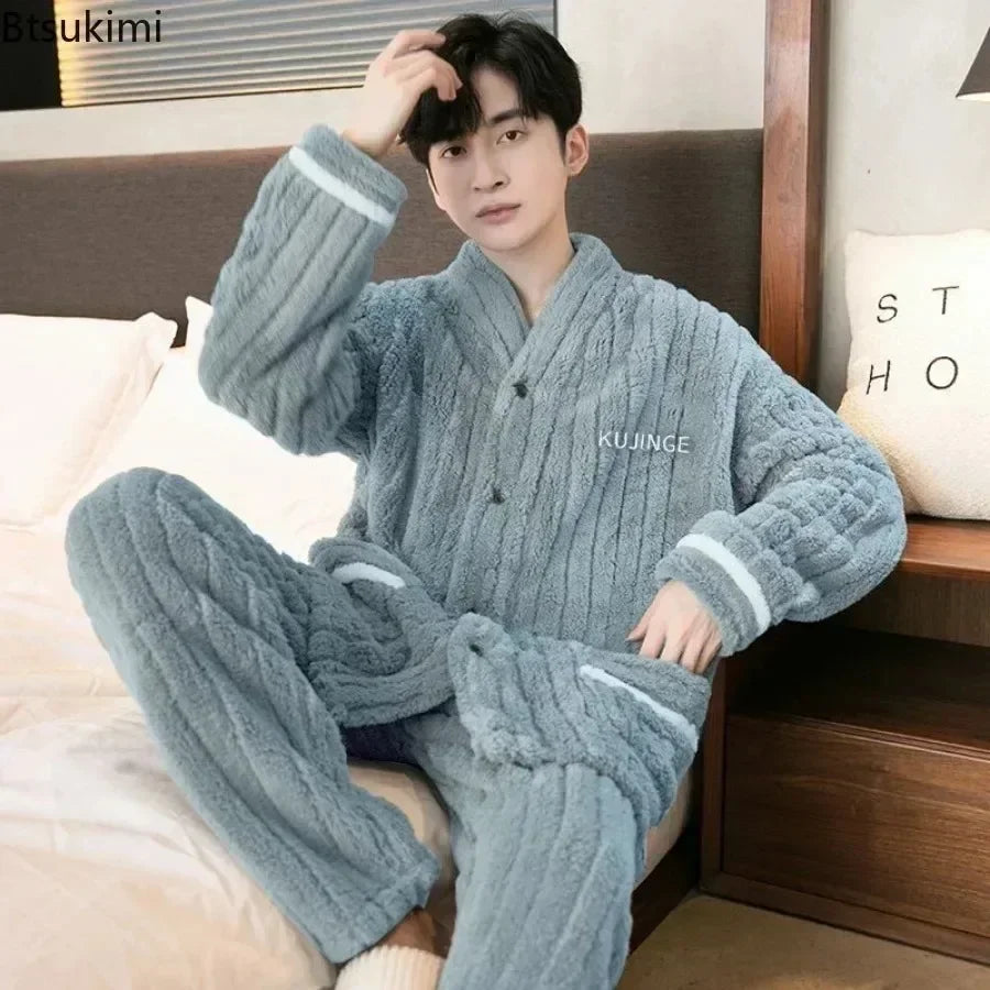 2024 Men's Warm Pajama Sets Autumn Winter Thick