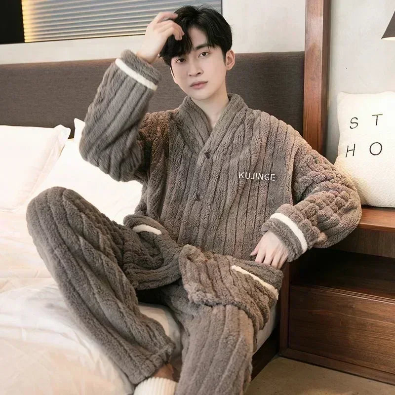 2024 Men's Warm Pajama Sets Autumn Winter Thick