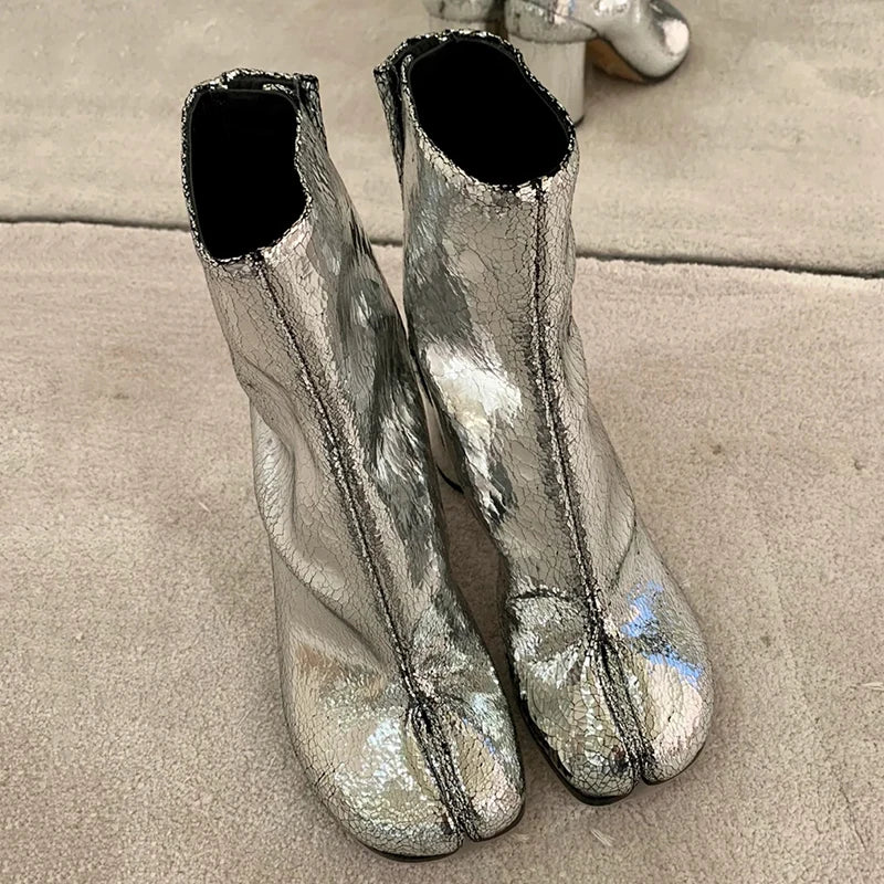 2024 New Silver Tabi Boots Split Toe Chunky