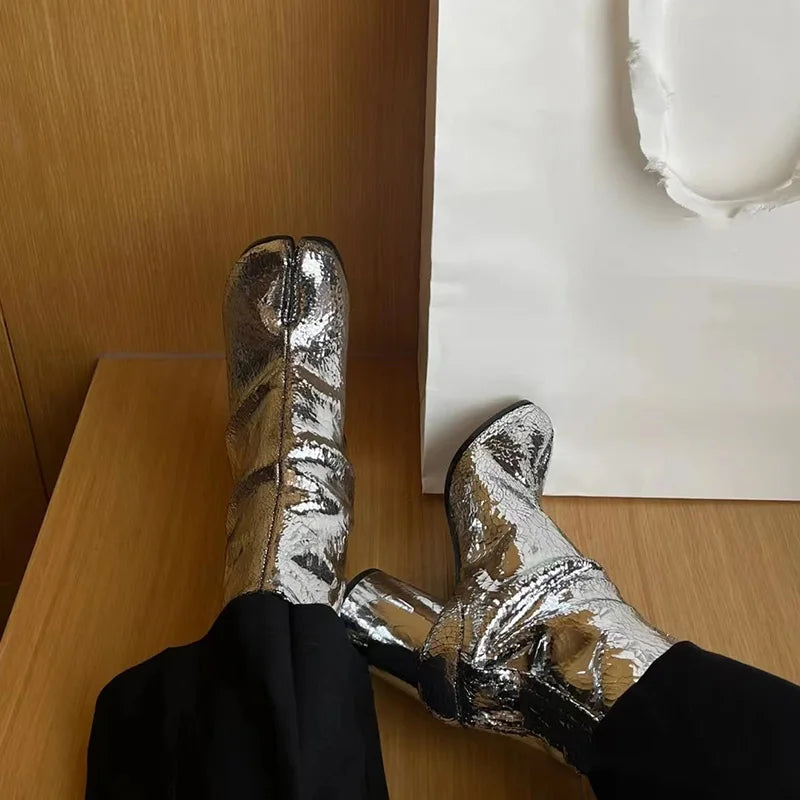 2024 New Silver Tabi Boots Split Toe Chunky