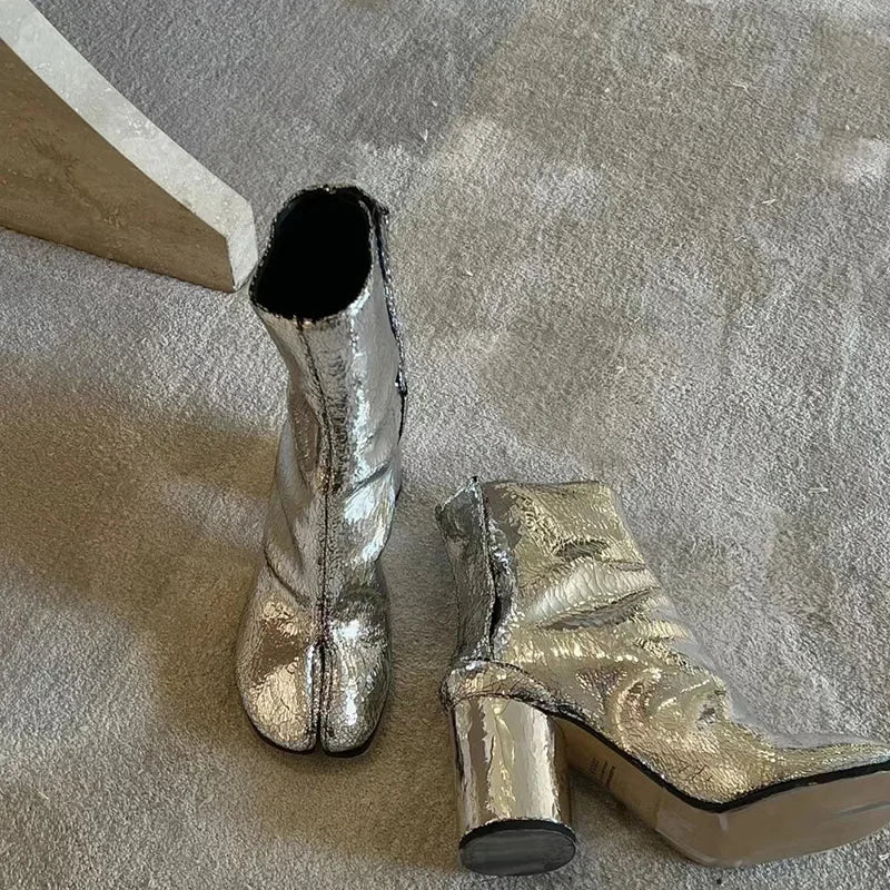 2024 New Silver Tabi Boots Split Toe Chunky