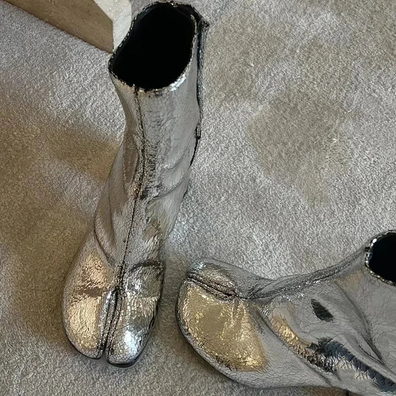 2024 New Silver Tabi Boots Split Toe Chunky