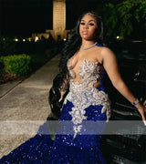 2024 Royal Blue Sequins Beaded Appliques Prom Dresses