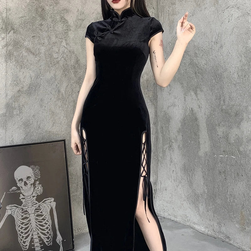 2024 Vintage Black Bandage Chinese Style Cheongsam High