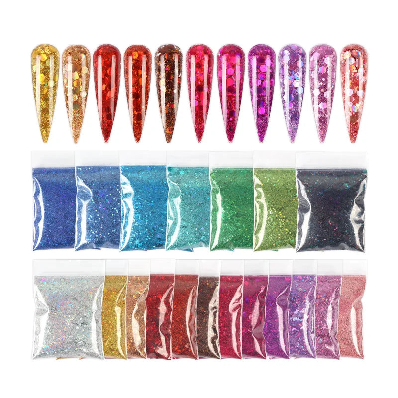 21Bag/Set 10G Holographic Powder Nail Glitter Bulk Fine