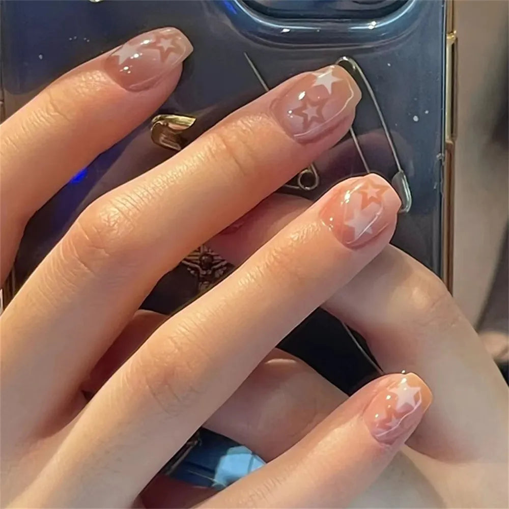 24pcs Gradient False Nails Cute Star Printed Design