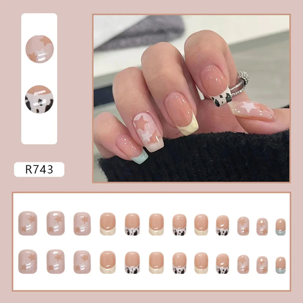 24pcs Gradient False Nails Cute Star Printed Design