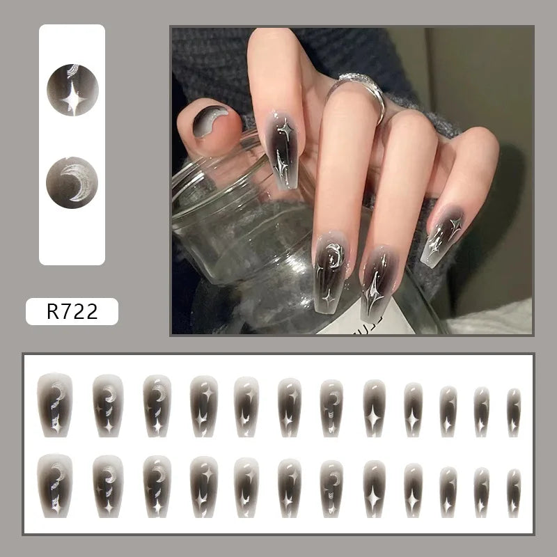 24pcs Gradient False Nails Cute Star Printed Design