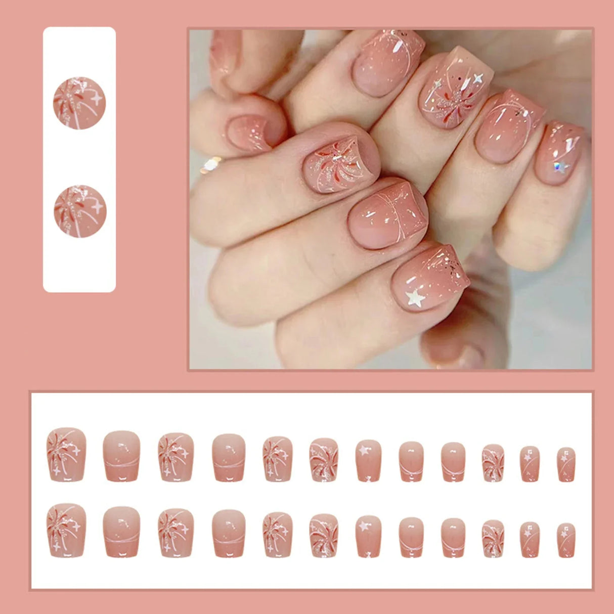 24pcs Gradient False Nails Cute Star Printed Design