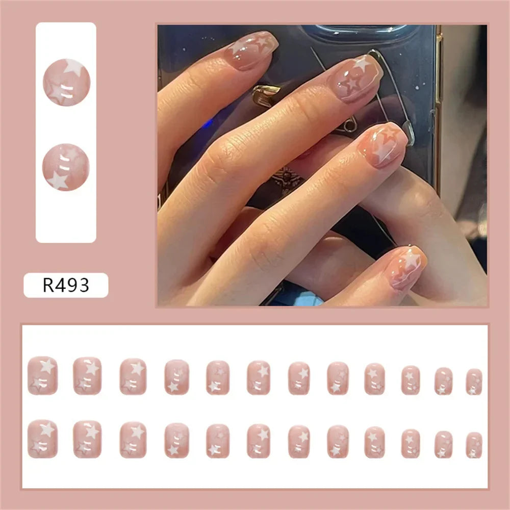 24pcs Gradient False Nails Cute Star Printed Design