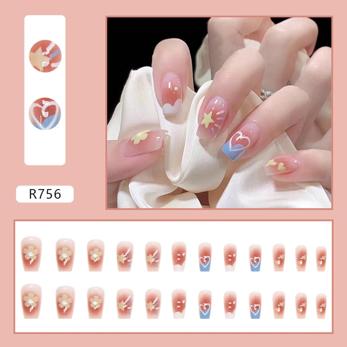 24pcs Gradient False Nails Cute Star Printed Design