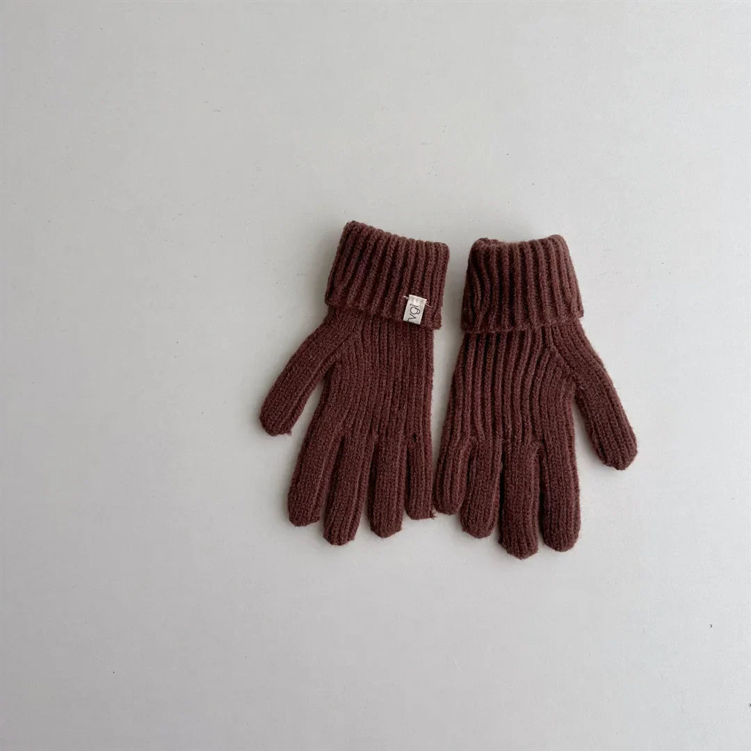 2PCS Baby Hooded Hats Mittens Solid Winter Knitted