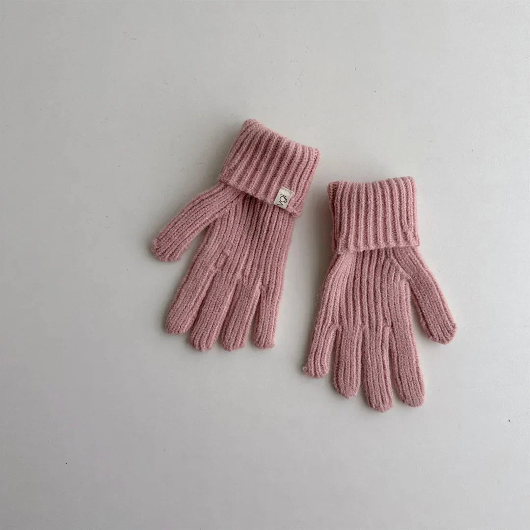 2PCS Baby Hooded Hats Mittens Solid Winter Knitted