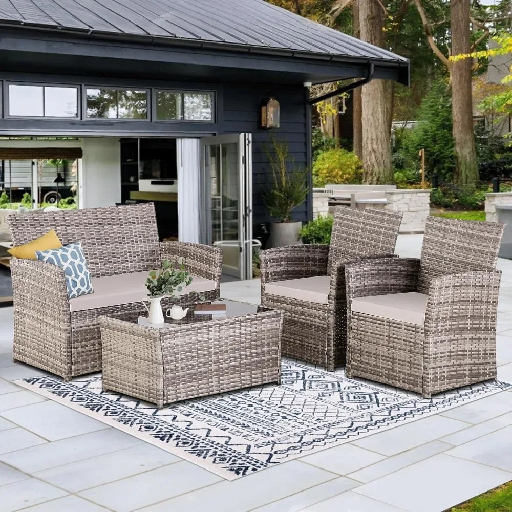 4 Piece Patio Furniture Set, Outdoor Wicker Conversation