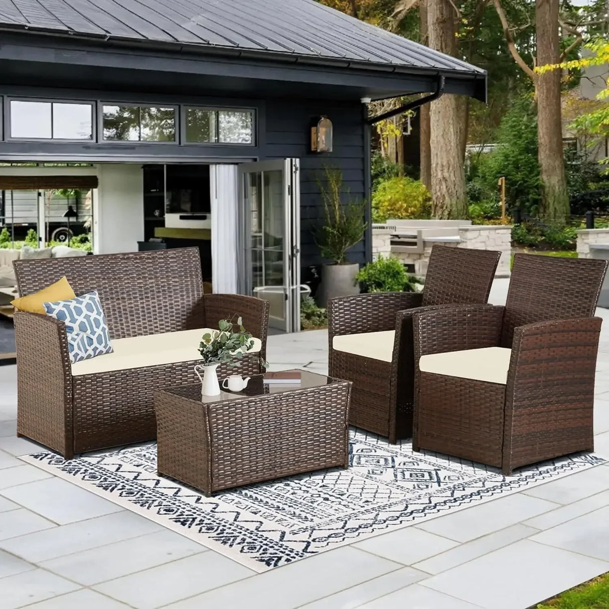 4 Piece Patio Furniture Set, Outdoor Wicker Conversation