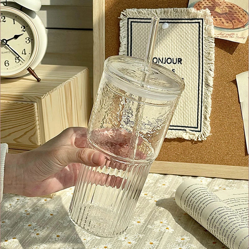 450/600ml Stripe Glass Cup Transparent Glasses With Lid