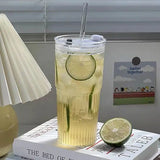 450/600ml Stripe Glass Cup Transparent Glasses With Lid