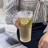 450/600ml Stripe Glass Cup Transparent Glasses With Lid