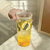 450/600ml Stripe Glass Cup Transparent Glasses With Lid