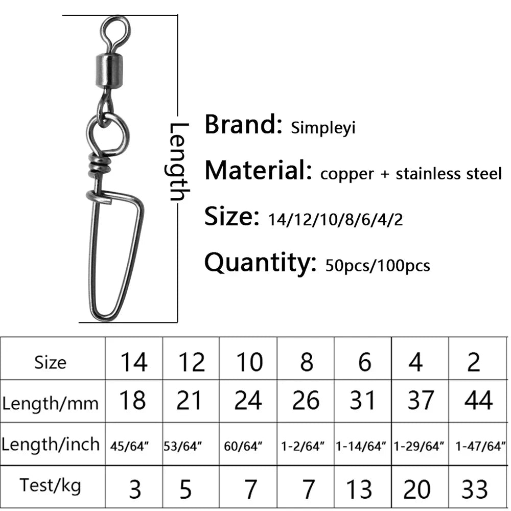 50-100pcs/ 1box Fishing Connector Swivels Interlock Pin Rolling
